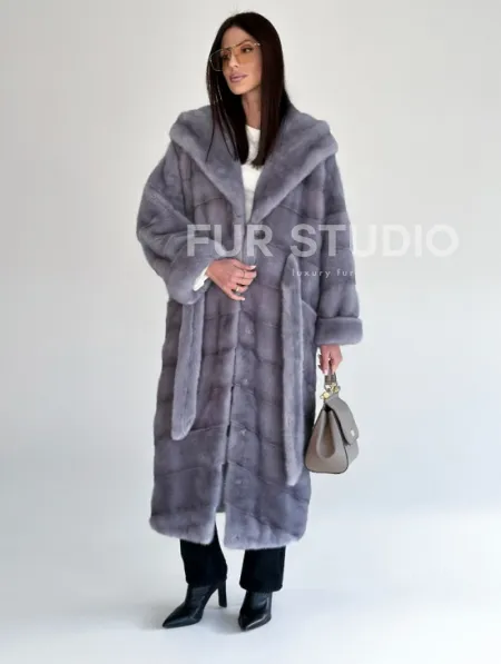 Удлиненная норковая шуба - кимоно с капюшоном - фото 5