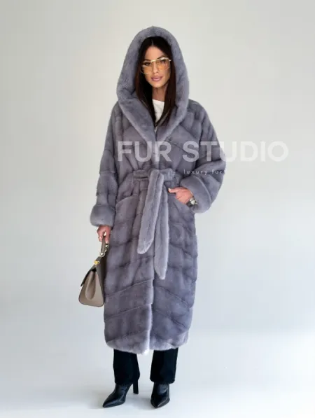 Удлиненная норковая шуба - кимоно с капюшоном - фото 20