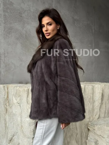 Норковый полушубок с воротником куница - фото 6