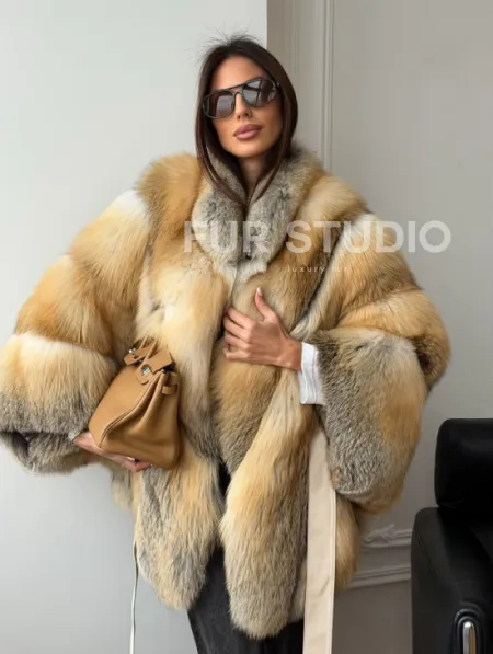 Шуба - пончо из лисы с поясом - фото 13