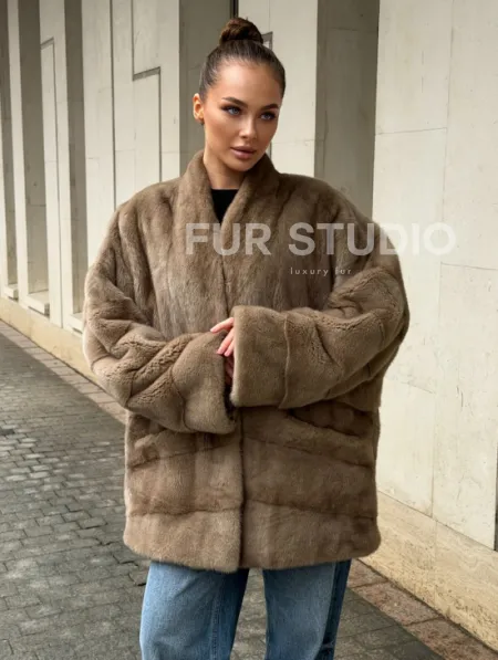 Норковый полушубок пастель V-образный воротник - фото 7