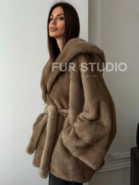 Норковая шуба пастель с капюшоном - фото 8