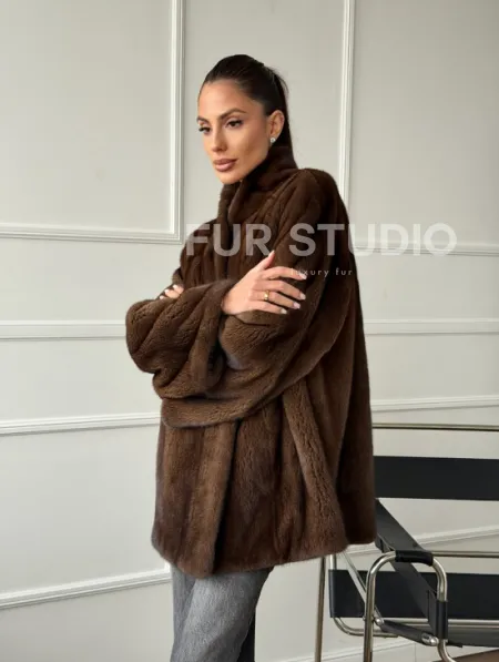 Норка жакет орех V-образный ворот - фото 10