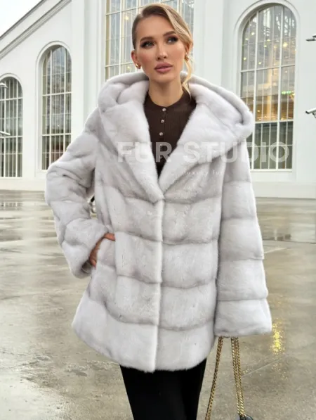 Белая норковая шуба с капюшоном - автоледи - фото 5