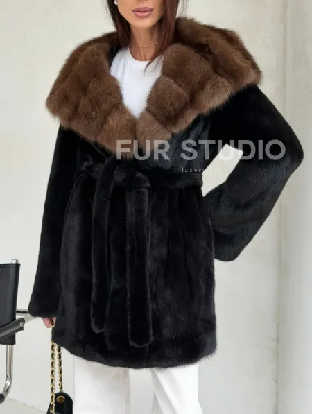 Черная шуба в роспуск с капюшоном соболь - фото 4
