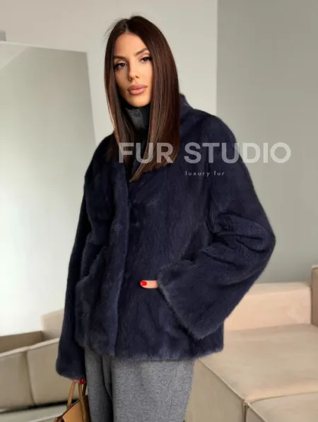 Короткий норковый жакет - синий графит - фото 0