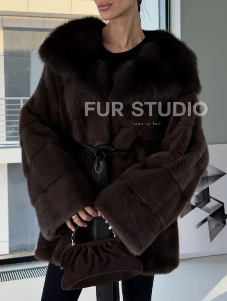 Норковая шуба кимоно с капюшоном куница - фото 4