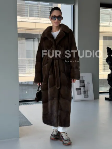 Коричневая норковая шуба - кимоно - фото 13