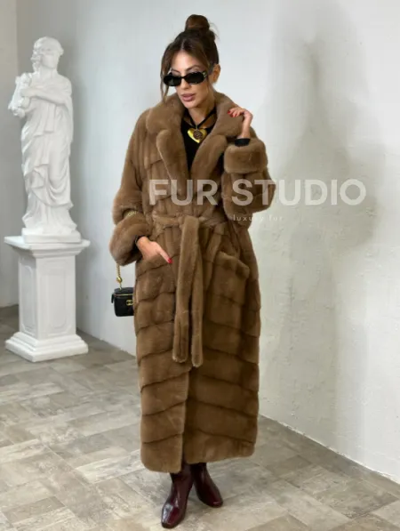 Длинная шуба карамель кимоно мех NAFA - фото 4