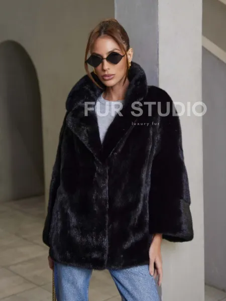 Норковый жакет роспуск - английский воротник -черный - фото 0