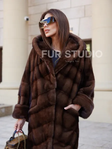 Шуба норковая с капюшоном - цвет соболь - фото 1