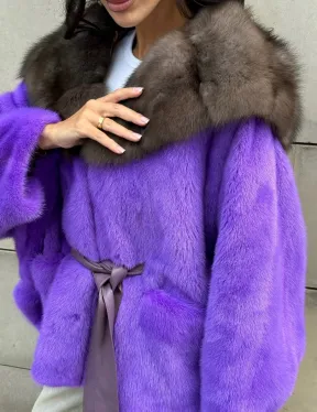 Шуба из норки Violet с капюшоном из меха куницы - фото 3