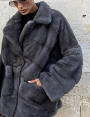 Короткая норковая шуба с английским воротником - цвет графит - фото 1