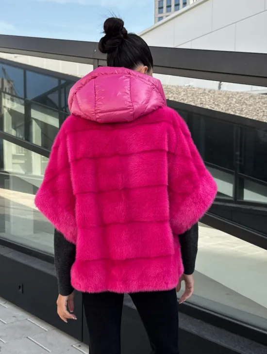 Норковая куртка трансформер 2в1 - цвет фуксия - фото 5