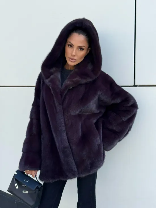 Норковый полушубок автоледи с капюшоном - цвет инжир - фото 5