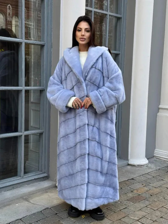 Шуба кимоно LUXURY FASHION из меха голубой норки с капюшоном - фото 9