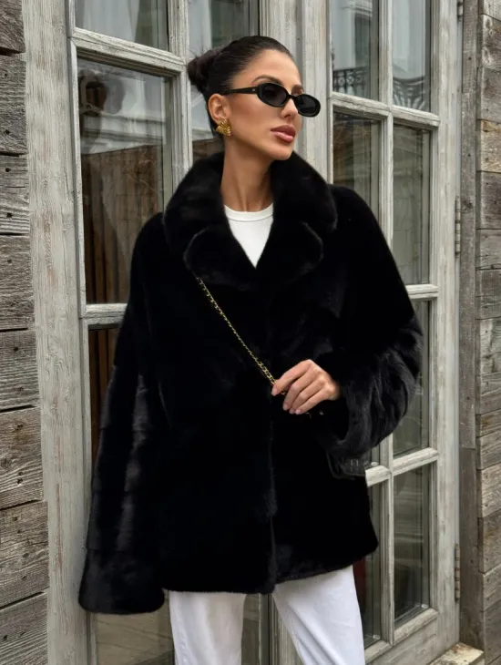 Черный короткий полушубок из плюшевой норки VELVET с английским воротником - фото 0