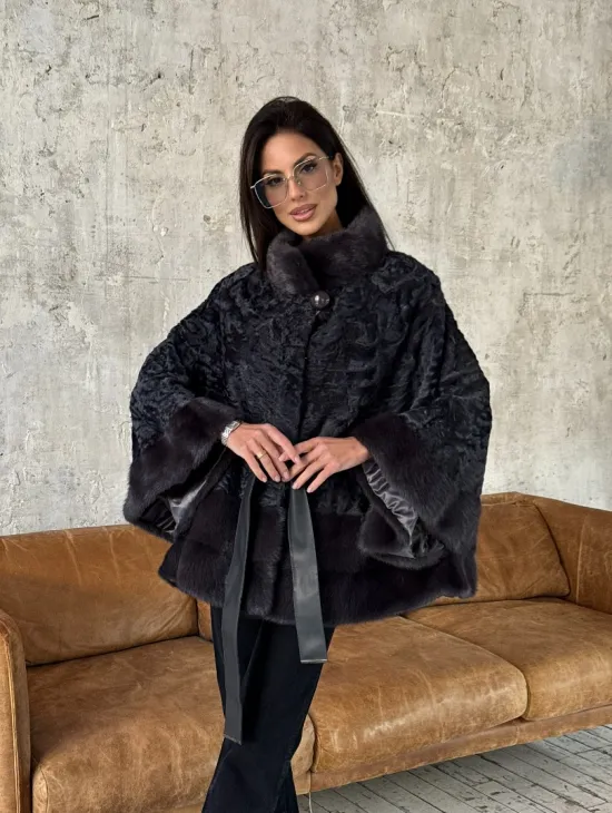 Меховое пончо - шуба из натурального меха каракульчи с отделкой из норки - фото 9