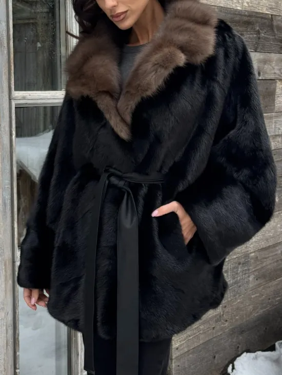Черная шуба из норки с английским воротником из куницы - фото 2