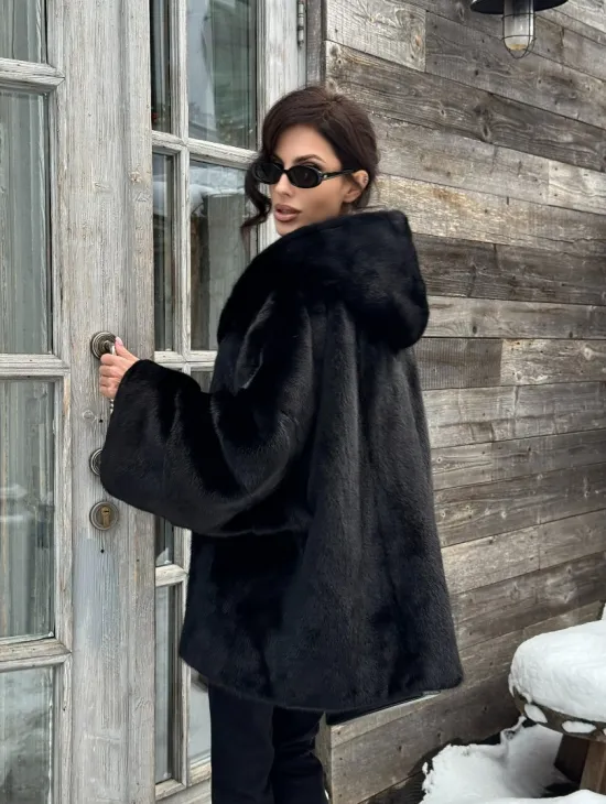Черная зимняя шуба из меха норки Nafa mink с капюшоном - автоледи - фото 11