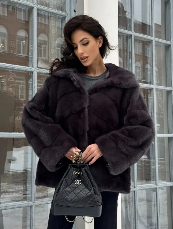 Меховой полушубок автоледи с капюшоном из меха норки графит - фото 5