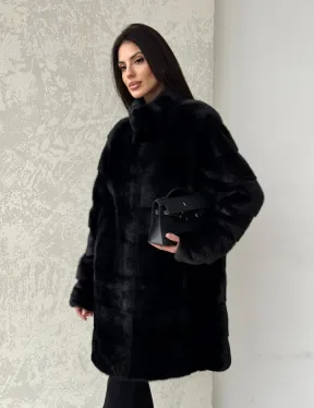 Норковая шуба в черном цвете воротник стойка - фото 7