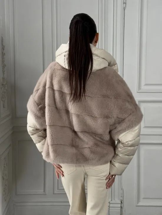 Норковый женский полушубок-жилет 2в1 в цвете «Нюд» - фото 4