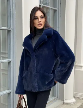 Синий норковый полушубок с английским воротником - фото 0
