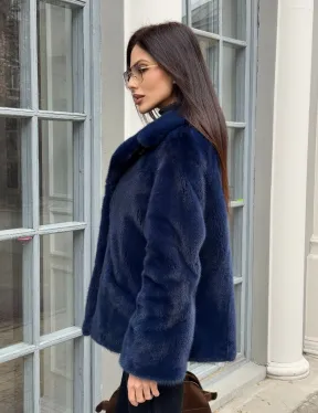 Синий норковый полушубок с английским воротником - фото 5