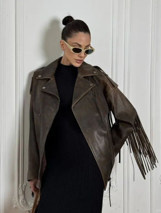 Косуха Vintage brown с кожаной бахромой на спине - фото 0