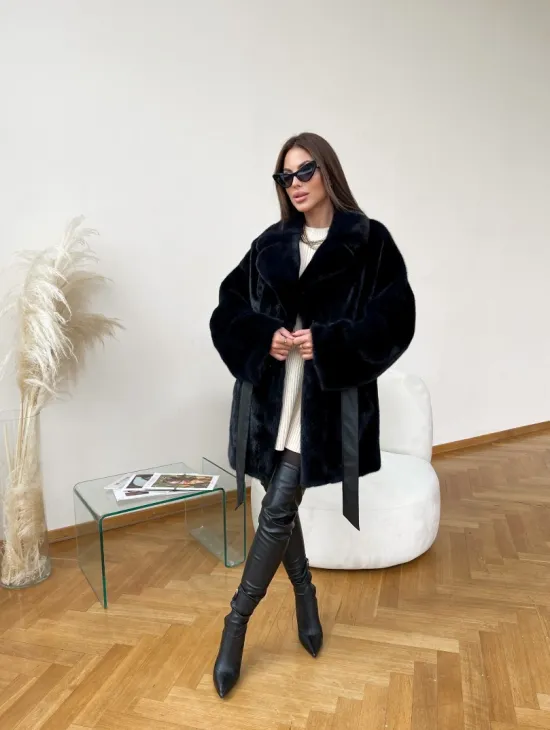 Полушубок из плюшевой норки с английским воротником - цвет инфинити - фото 5