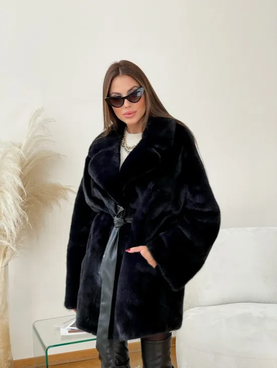 Полушубок из плюшевой норки с английским воротником - цвет инфинити - фото 3