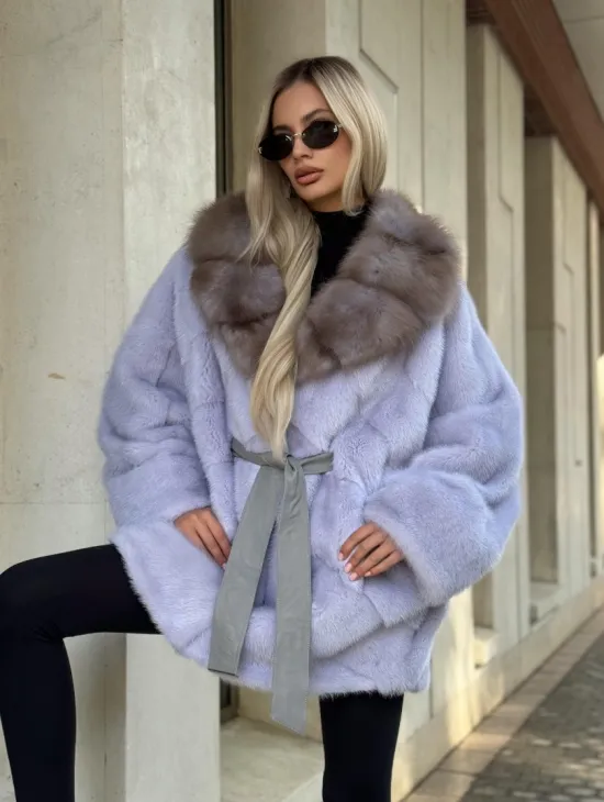 Шуба из норки короткая с куницей воротник - фото 4