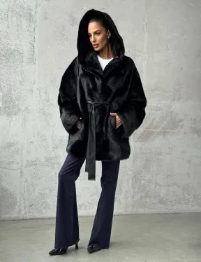 Полушубок черный норковый с капюшоном - фото 11