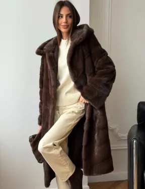 Коричневая норковая шуба с капюшоном - фото 0