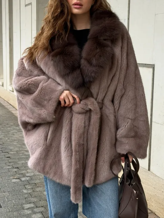 Норковая шуба летучка - воротник куница - фото 4