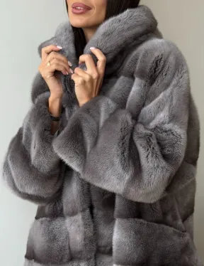 Норковый полушубок с капюшоном - цвет Platinum - фото 3