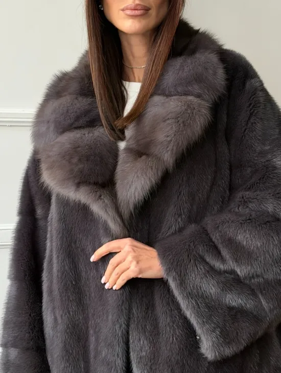 Автоледи норковая с воротником куницы - графит - фото 3