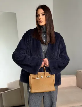 Короткий норковый жакет - синий графит - фото 12