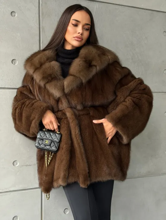 Полушубок норковый летучая мышь - капюшон куница - фото 8