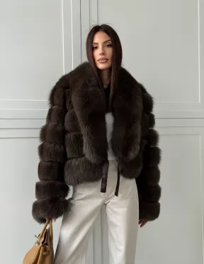 Полушубок-кроп из песца с шалевым воротником - фото 15