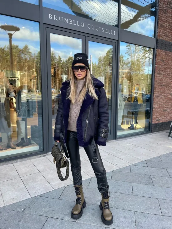 Авиатор из натуральной овчины в синем цвете - фото 5