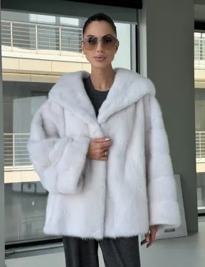 Белый норковый полушубок с капюшоном кобра - фото 11