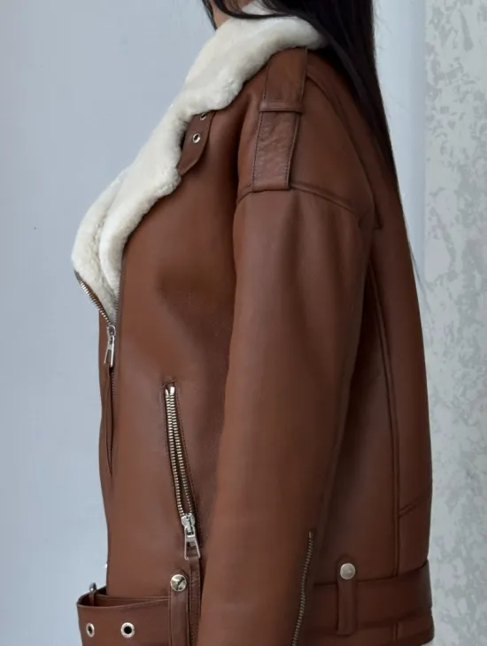 Дубленка авиатор из натуральной кожи в цвете виски - фото 1