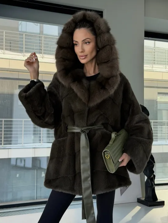 Норковое пончо шуба с капюшоном из меха куницы dark olive - фото 13
