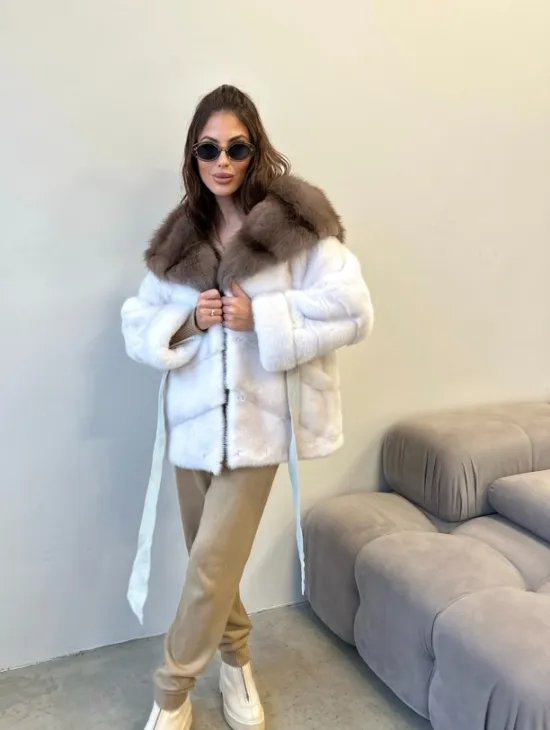 Норковая шуба - пончо с капюшоном из меха куницы - фото 4