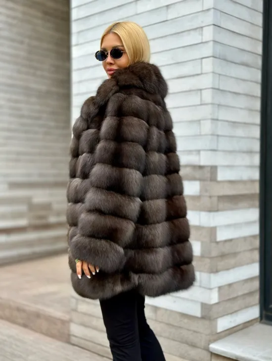 Полушубок-жакет из соболя воротник шаль седина 1/2 - фото 4