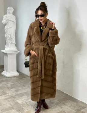 Длинная шуба карамель кимоно мех NAFA - фото 4