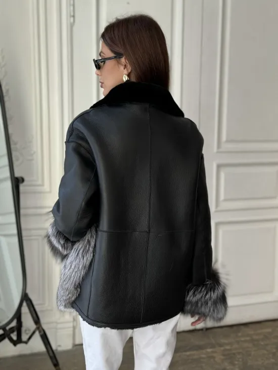 Дубленка с мехом чернобурки - цвет черный - фото 1