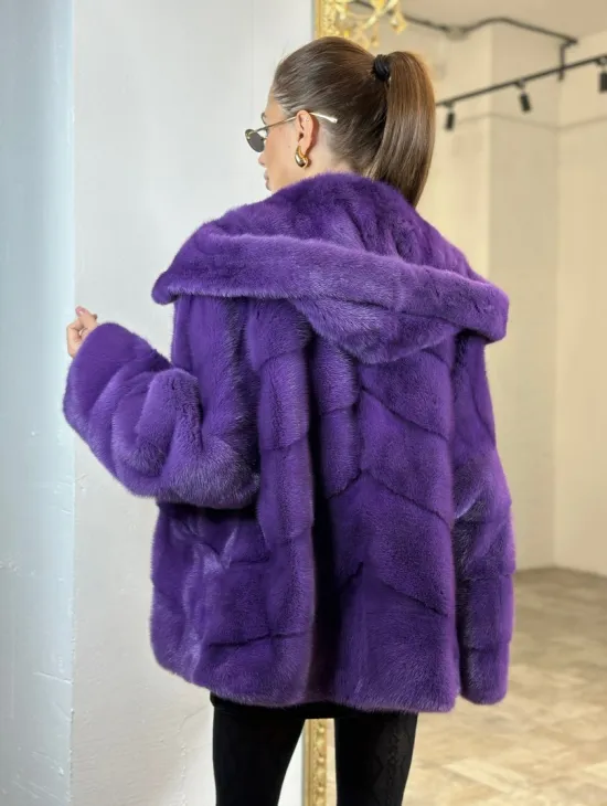 Паркет шуба с капюшоном - фиолетовый цвет - фото 4